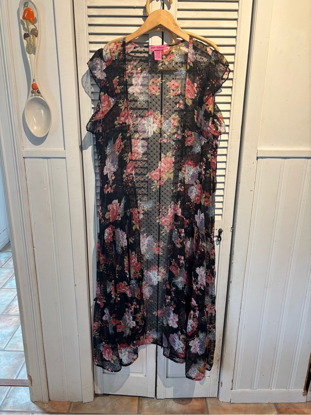 Betsey Johnson Floral Sheer Duster with ruffle sleeves